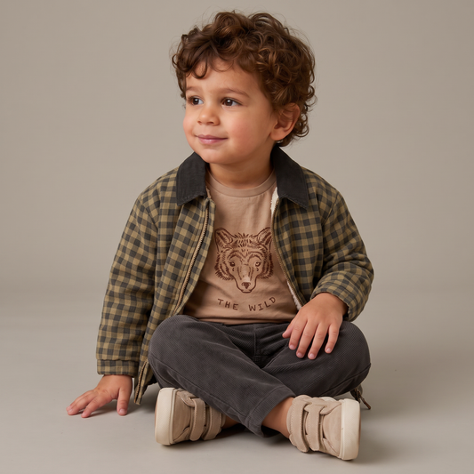 Organic Cotton Twill Jacket with Corduroy Collar for Babies & Toddlers – Olive Gingham