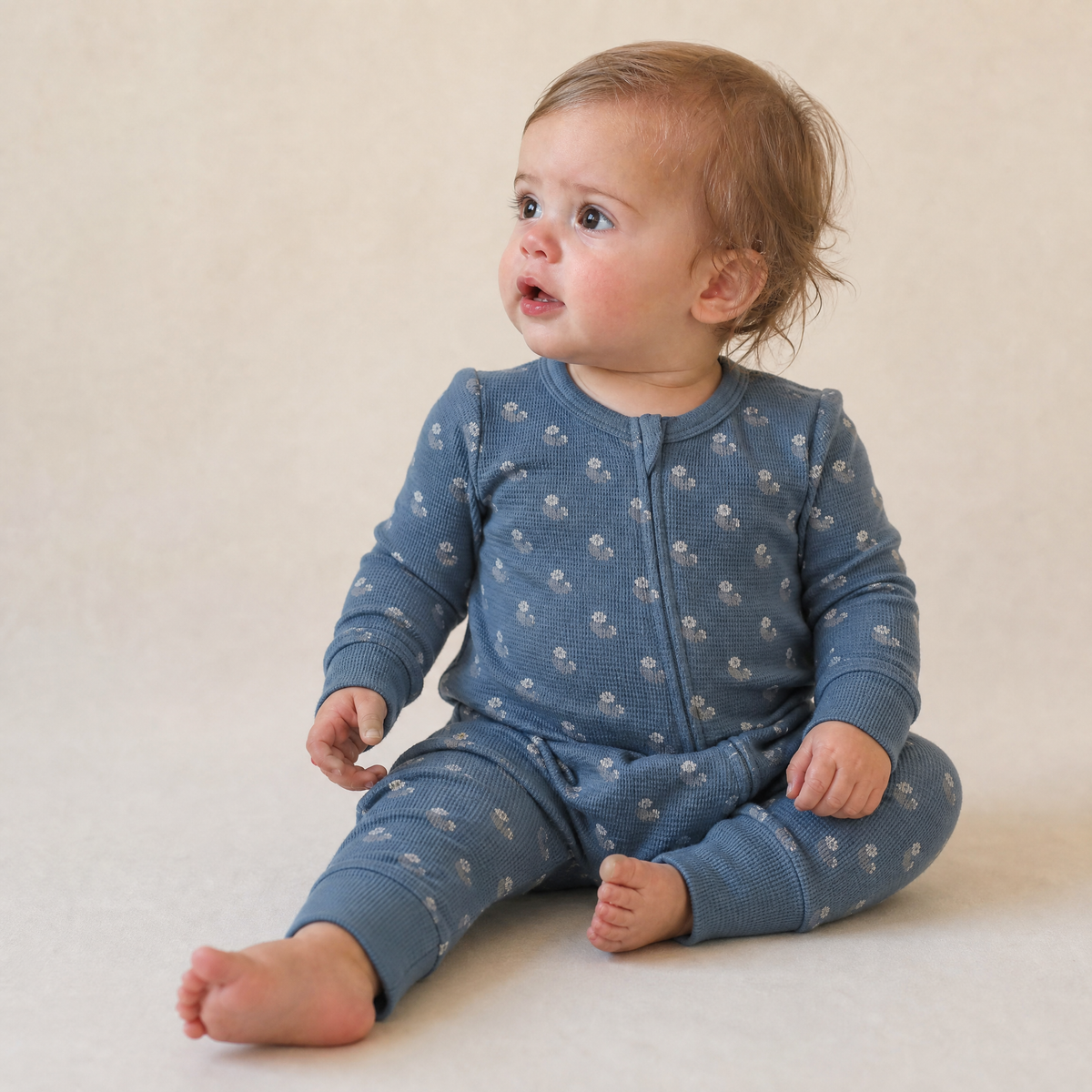 Organic Cotton 2-Way Zip Romper with Convertible Footies & Mittens for Babies – Indigo Blossom