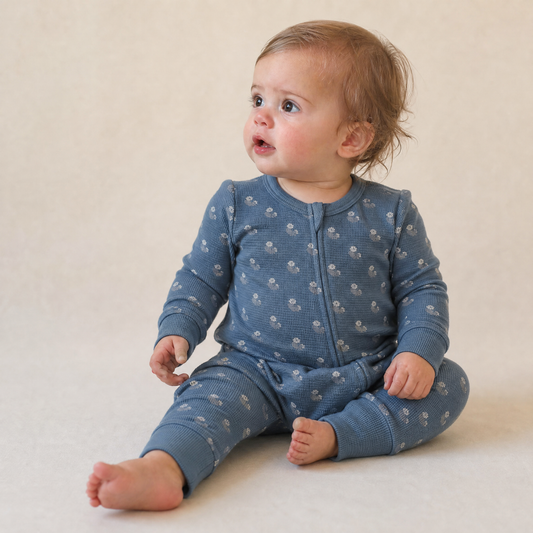 Organic Cotton 2-Way Zip Romper with Convertible Footies & Mittens for Babies – Indigo Blossom