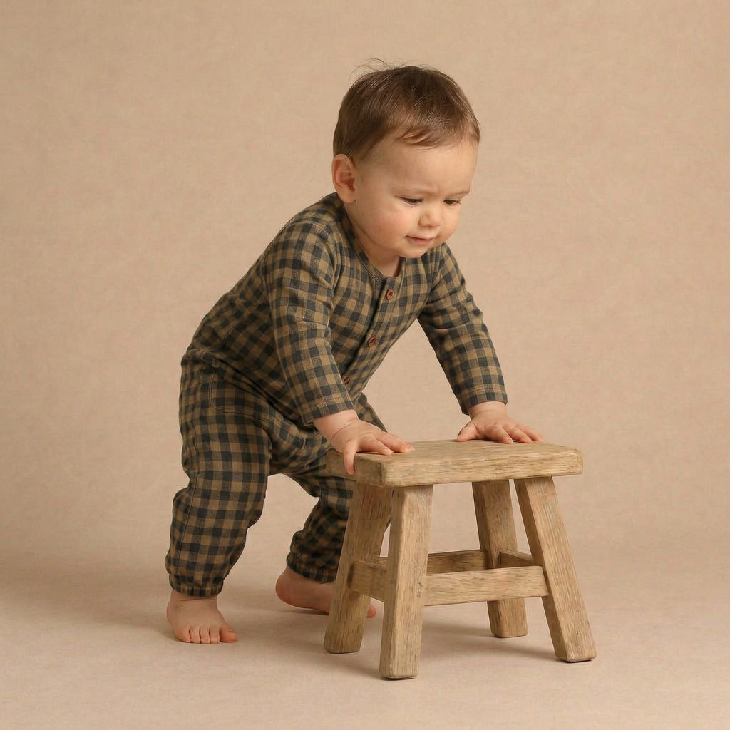 Organic Cotton Twill Long Sleeve Button Romper for Babies – Olive Gingham