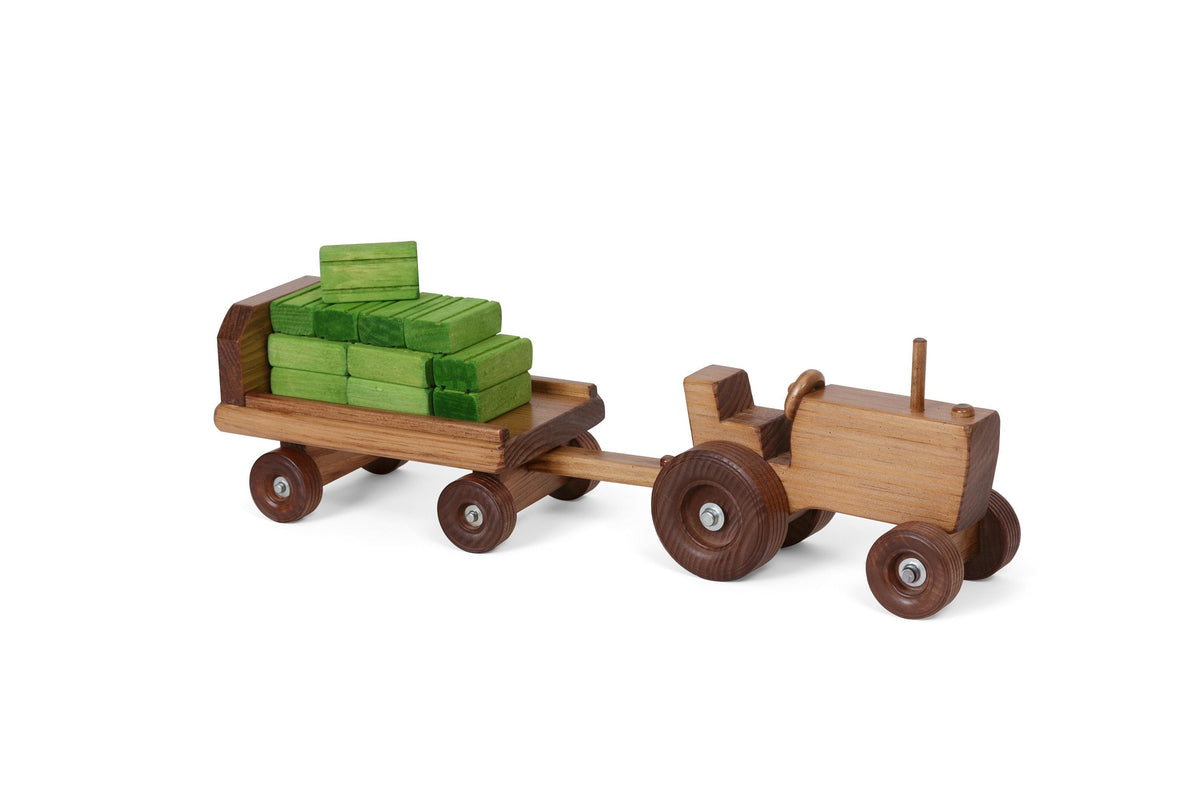 Amish-Made Wooden Toy Tractor & Wagon Set with 15 Hay Bales