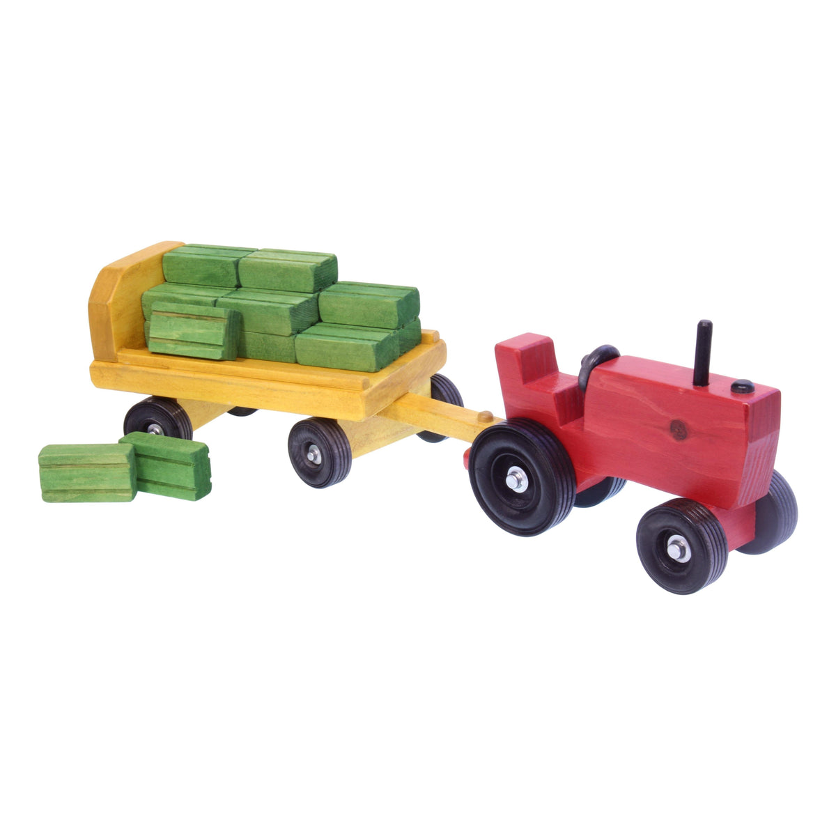 Amish-Made Wooden Toy Tractor & Wagon Set with 15 Hay Bales