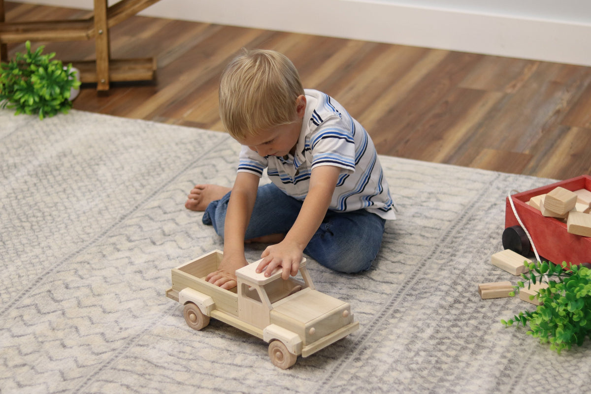 Amish-Made Solid Wood Pickup Truck Toy with Hitch – Unfinished