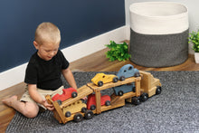 Load image into Gallery viewer, Wooden Car-Carrier Semi Truck and Trailer Toy Set with 6 Cars
