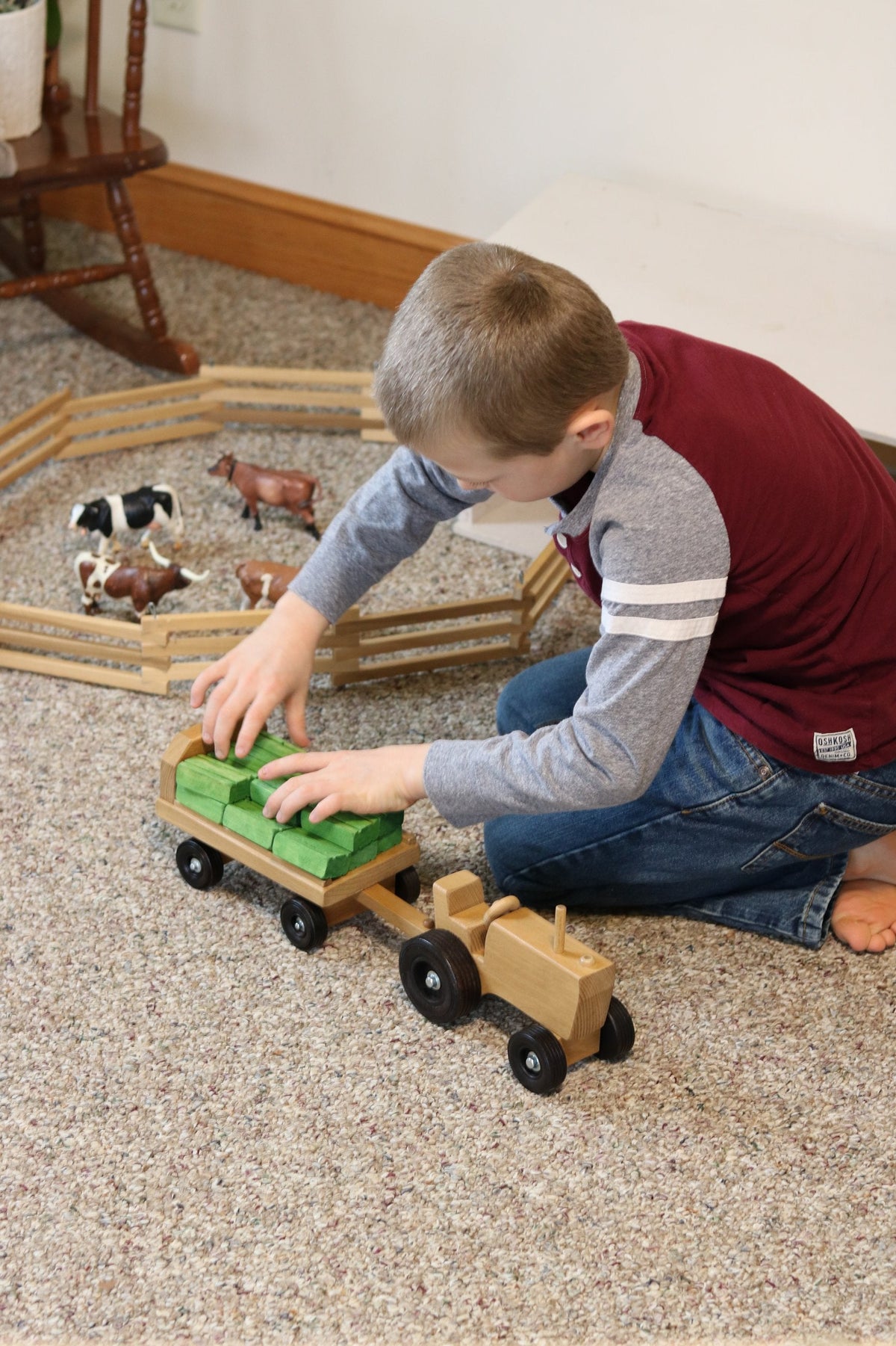 Amish-Made Wooden Toy Tractor & Wagon Set with 15 Hay Bales