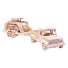 Load image into Gallery viewer, Wooden Toy Pickup Truck and Flatbed Trailer with Skidloader Set
