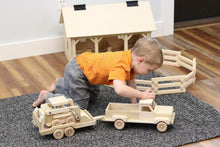 Load image into Gallery viewer, Wooden Toy Pickup Truck and Flatbed Trailer with Skidloader Set
