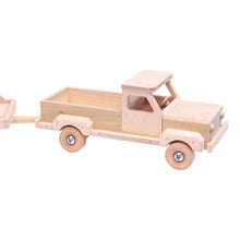 Load image into Gallery viewer, Wooden Toy Pickup Truck and Flatbed Trailer with Skidloader Set
