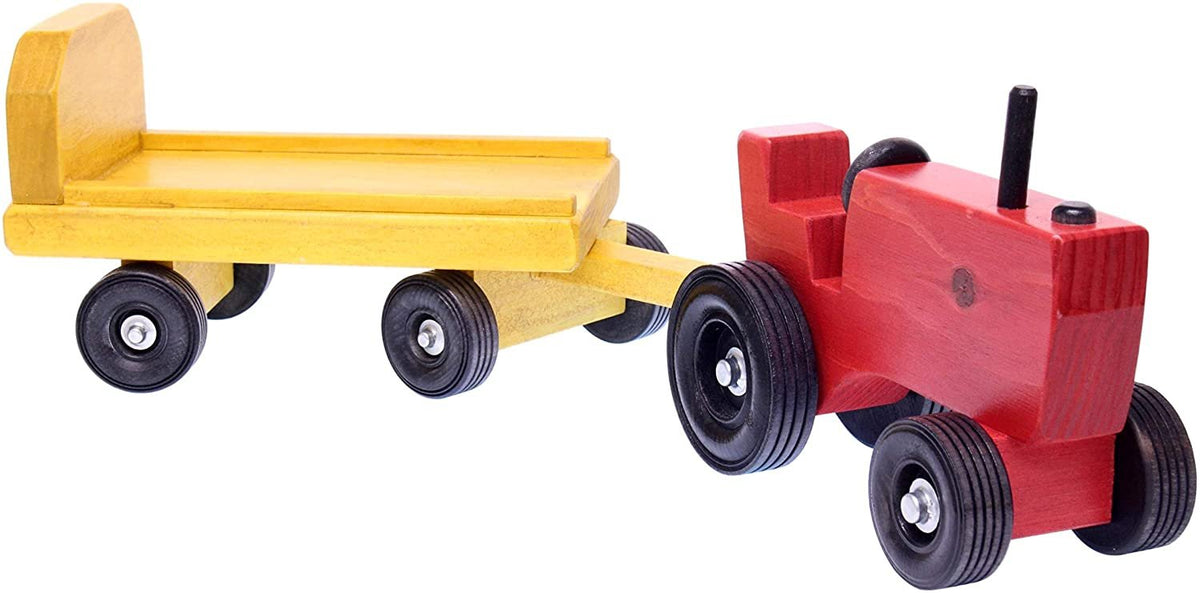 Amish-Made Wooden Toy Tractor & Wagon Set with 15 Hay Bales