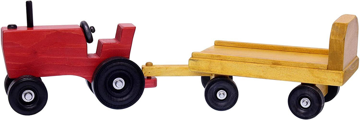 Amish-Made Wooden Toy Tractor & Wagon Set with 15 Hay Bales
