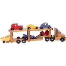 Load image into Gallery viewer, Wooden Car-Carrier Semi Truck and Trailer Toy Set with 6 Cars
