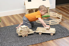 Load image into Gallery viewer, Wooden Toy Pickup Truck and Flatbed Trailer with Skidloader Set
