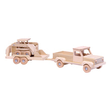 Load image into Gallery viewer, Wooden Toy Pickup Truck and Flatbed Trailer with Skidloader Set
