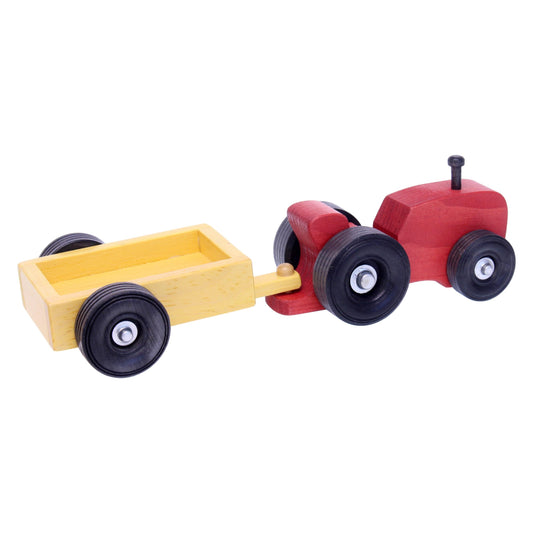 Amish-Made Wooden Small Toy Tractor and Wagon Set