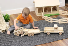 Load image into Gallery viewer, Wooden Toy Pickup Truck and Flatbed Trailer with Skidloader Set
