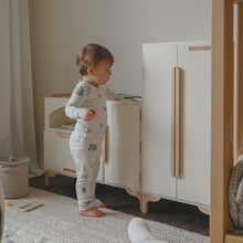 Load image into Gallery viewer, little boy playing with eco-friendly non-toxic wooden play kitchen refrigerator by milton &amp;  goose
