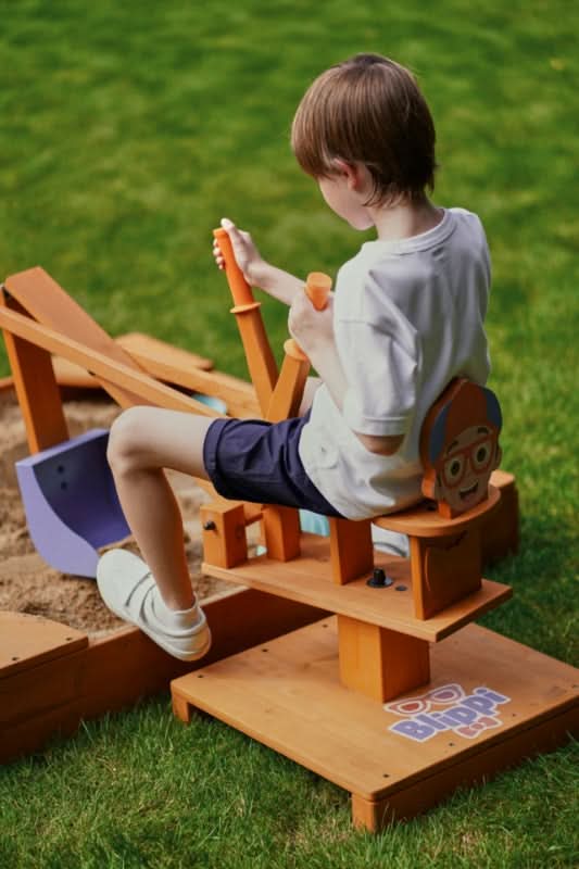 Avenlur Blippi Excavator: Wooden Sustainable Ride-On Sandbox Toy with 360° Swivel for Toddlers