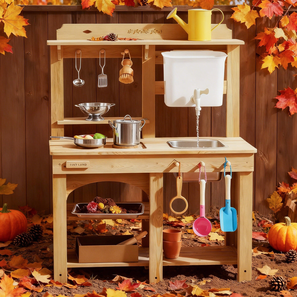 Tiny Land DuoPlay Mud Kitchen – Outdoor Wooden Play Kitchen with Water Tank