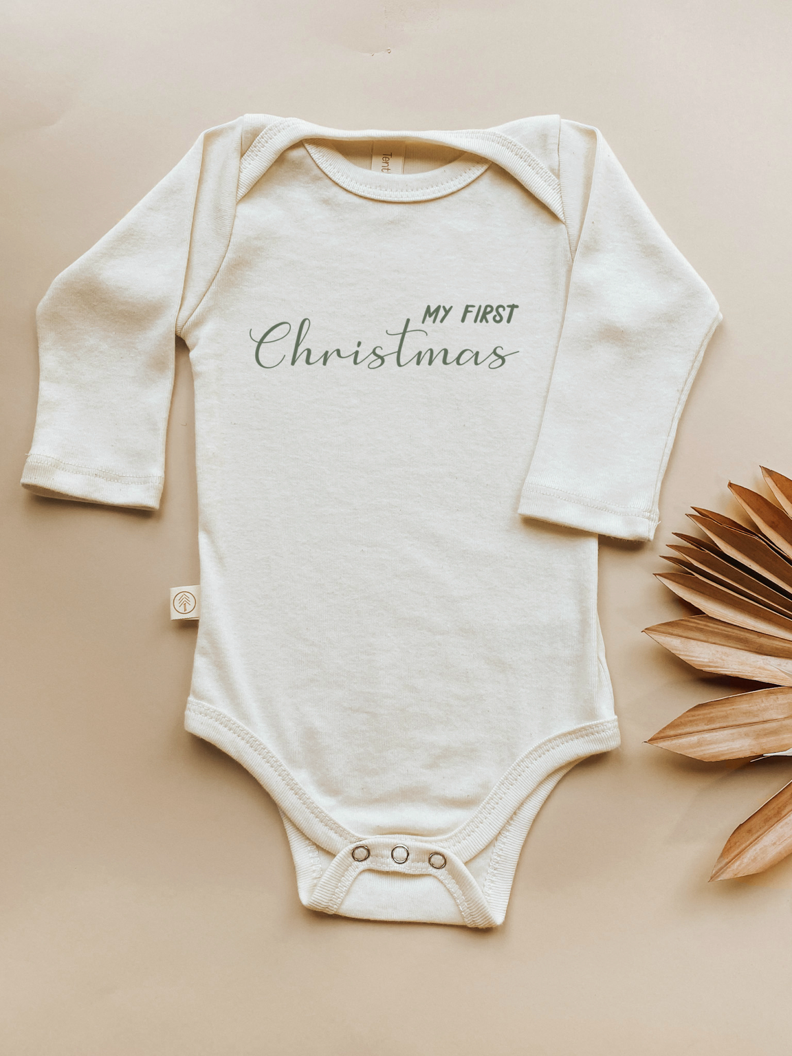 My First Christmas Organic Cotton Baby Bodysuit – Long Sleeve, Red or Olive, 0–24M