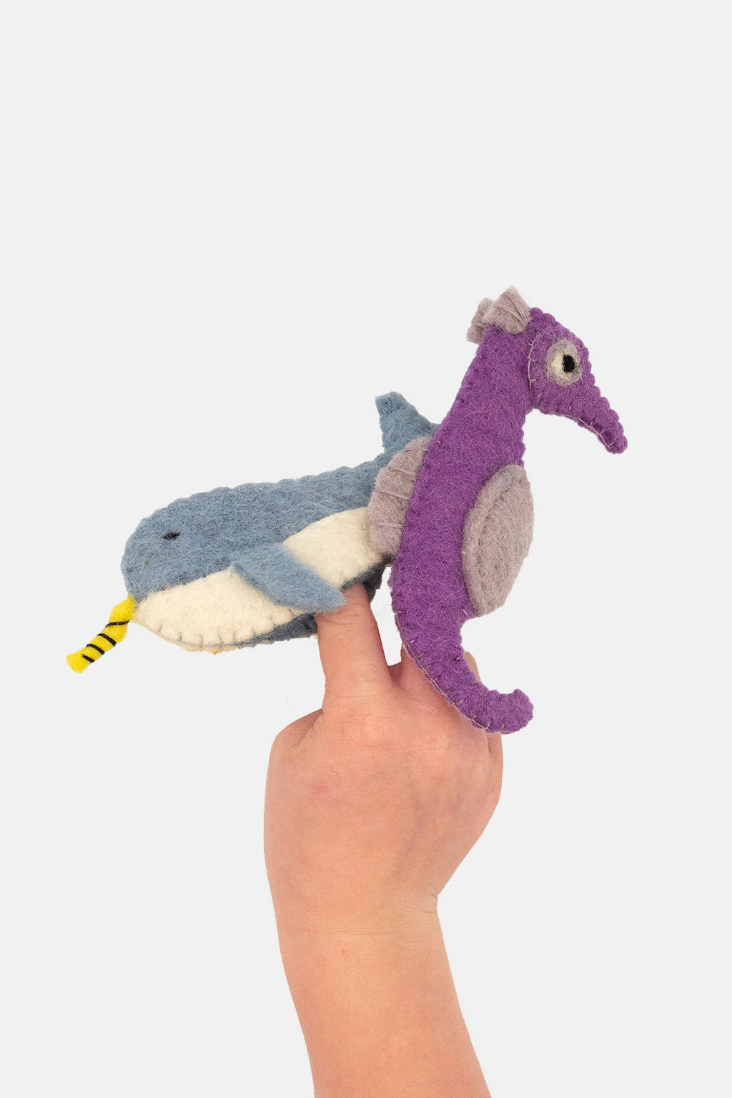 Narwhal & Seahorse Finger Puppet Set – Handmade Wool Felt Pretend Play Toy
