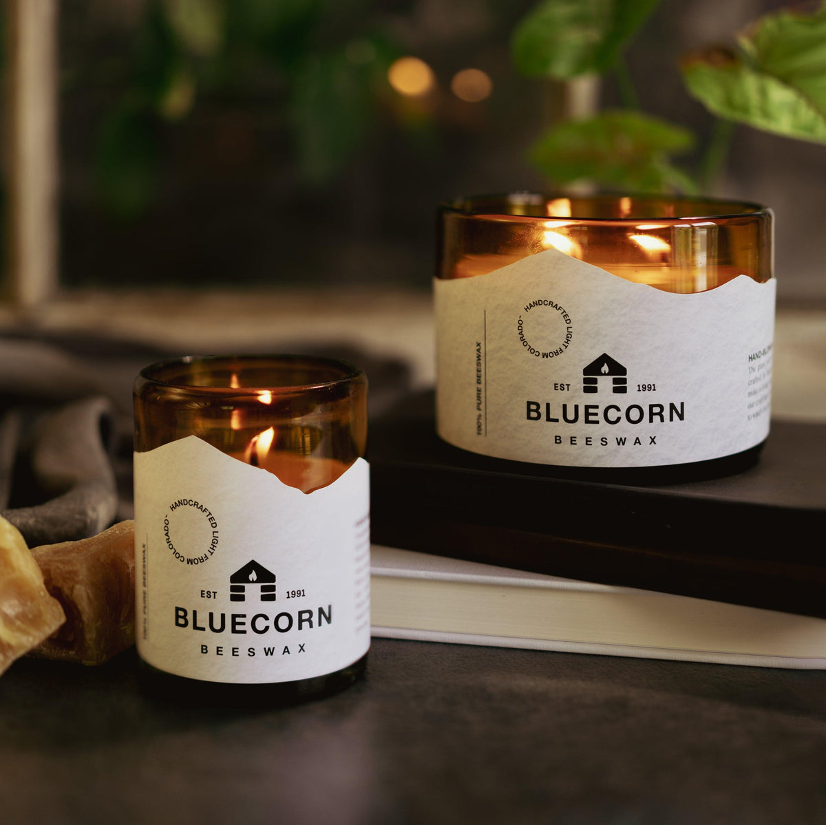 Bluecorn Raw Beeswax Candle in Recycled Blown Glass – 8 oz or 22 oz 3-Wick