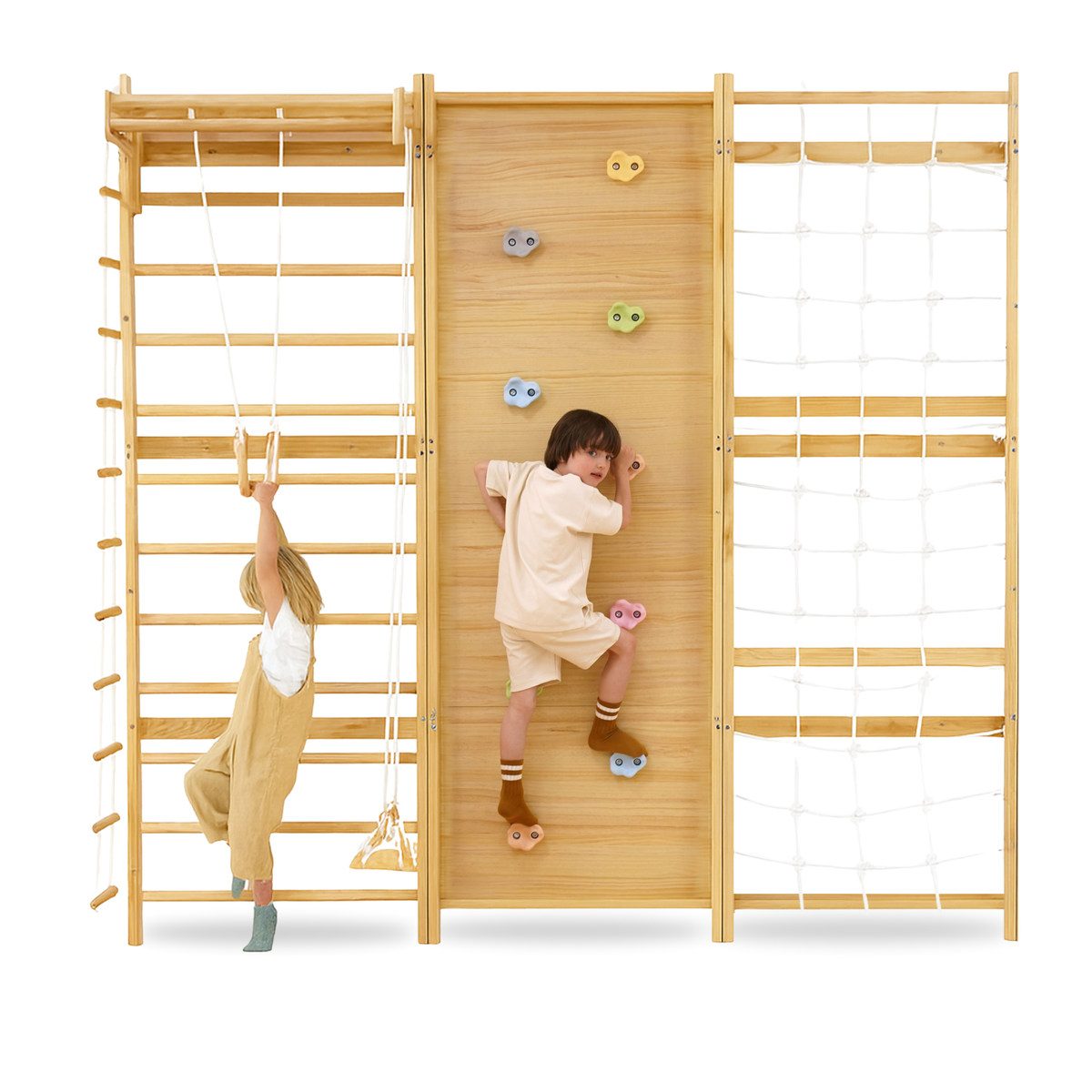 Avenlur Walnut Modular Swedish Ladder Wall Gym – 9-Activity Wall-Mounted Pine Climbing Gym
