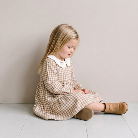 Organic Cotton Collar Tiered Dress for Babies & Toddlers – Oat Gingham