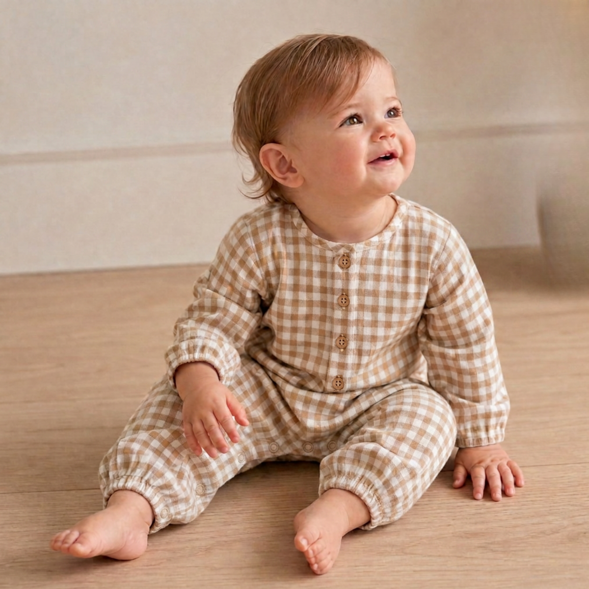 Organic Cotton Twill Long Sleeve Button Romper for Babies – Oat Gingham
