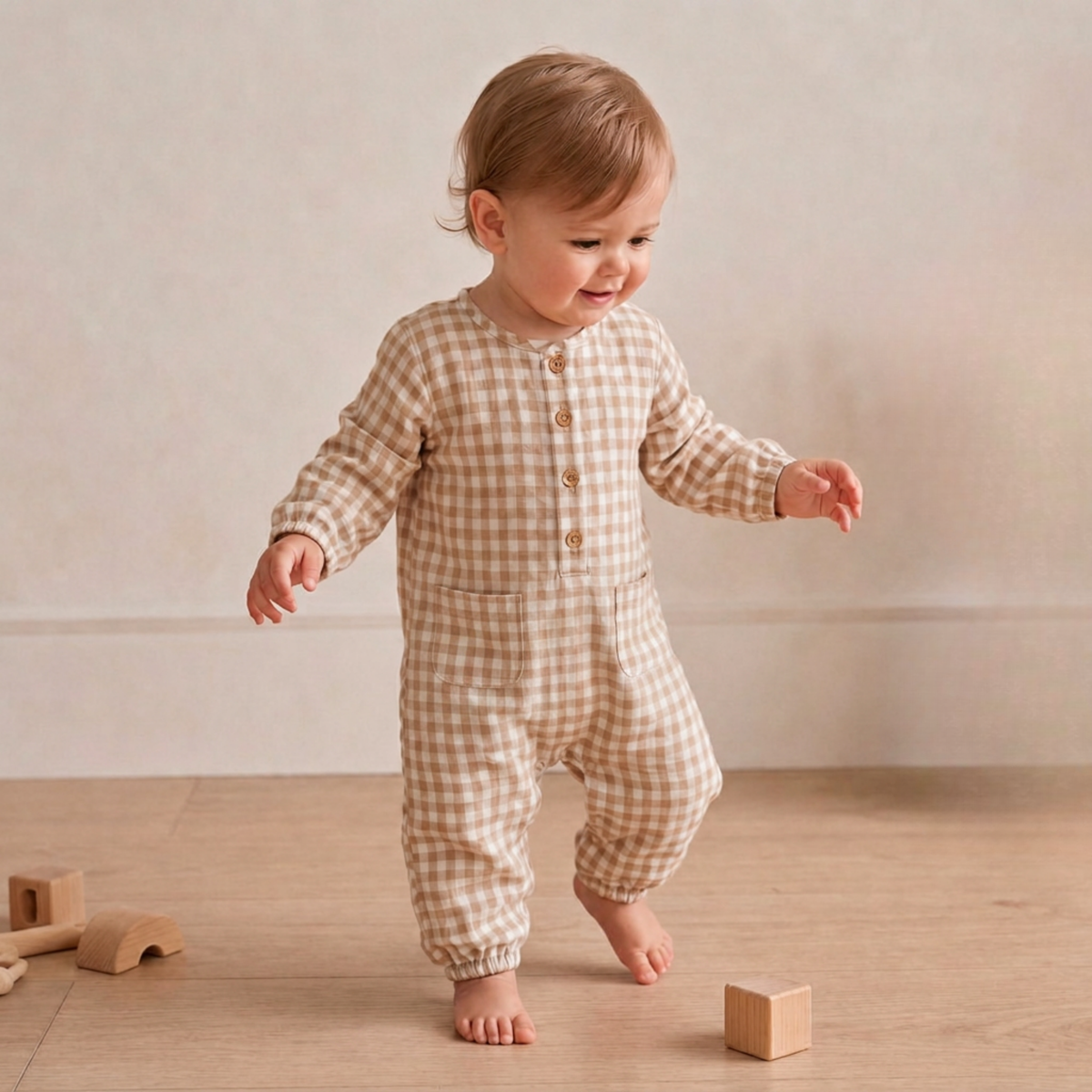 Organic Cotton Twill Long Sleeve Button Romper for Babies – Oat Gingham