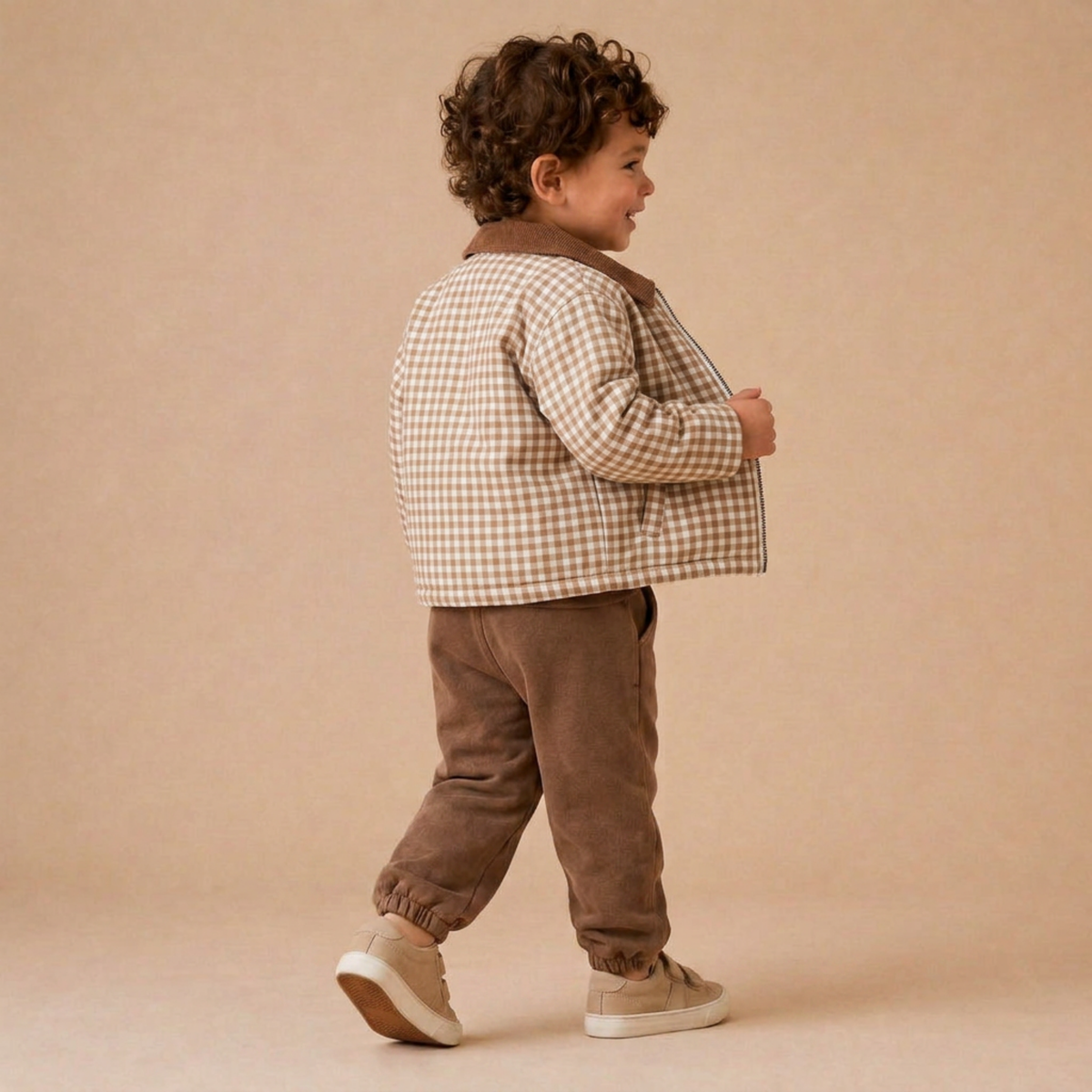 Organic Cotton Twill Jacket with Corduroy Collar for Babies & Toddlers – Oat Gingham