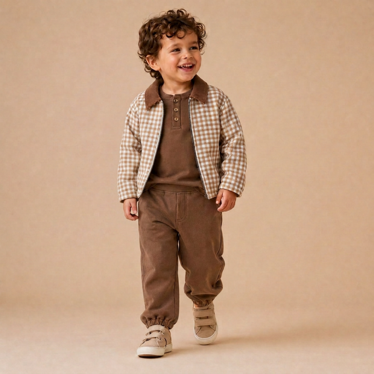 Organic Cotton Twill Jacket with Corduroy Collar for Babies & Toddlers – Oat Gingham
