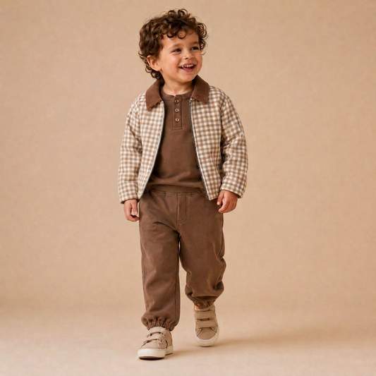 Organic Cotton Twill Jacket with Corduroy Collar for Babies & Toddlers – Oat Gingham