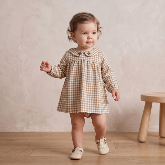 Organic Peter Pan Collar Dress for Babies – Oat Gingham