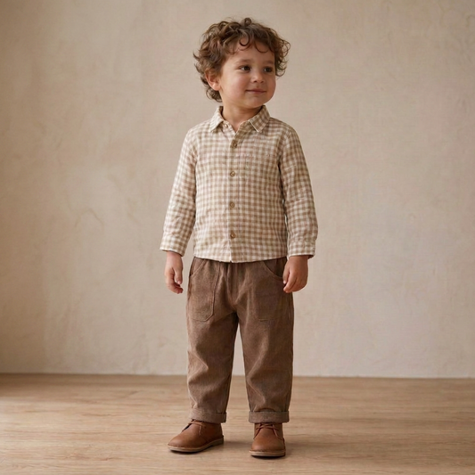 Organic Collared Long Sleeve Shirt for Toddlers – Oat Gingham
