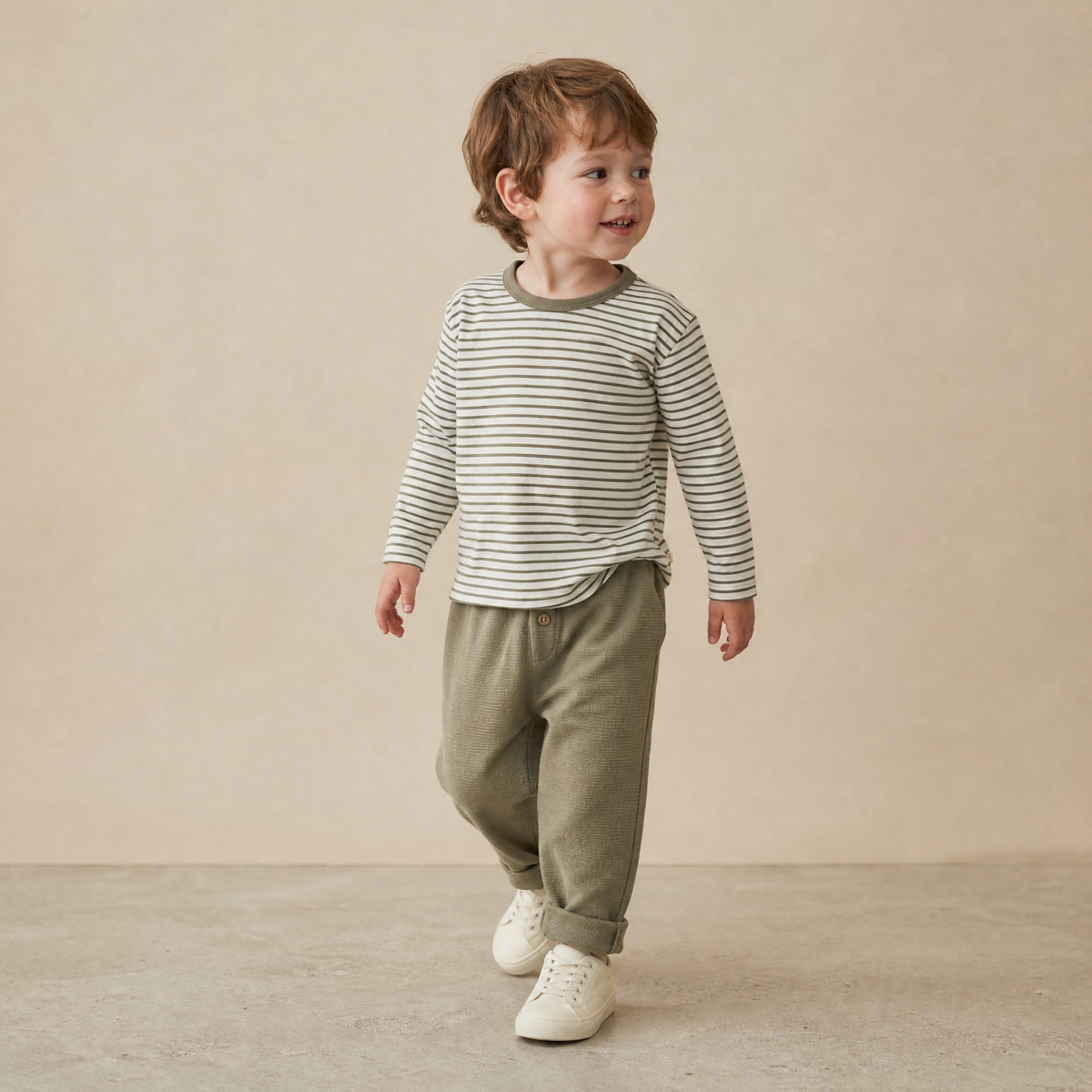 Organic Cotton Tee & Foldover Pants Set for Babies & Toddlers – Olive Stripes