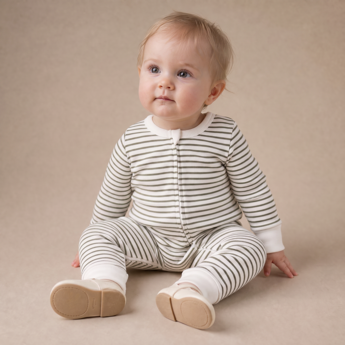 Organic Cotton 2-Way Zip Romper with Convertible Footies & Mittens for Babies – Olive Stripes