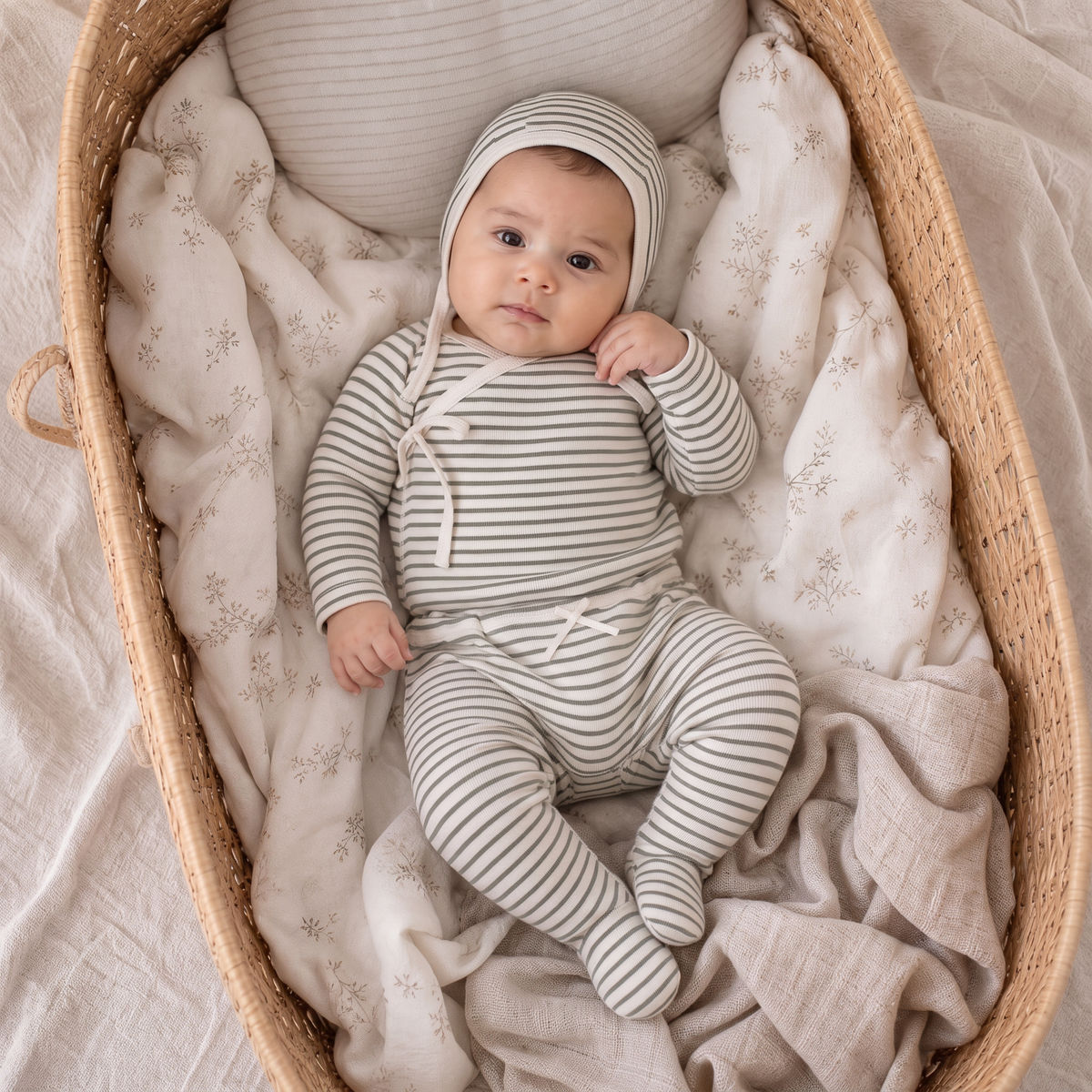 Organic Kimono Top & Footed Pants Set for Babies – Olive Stripes