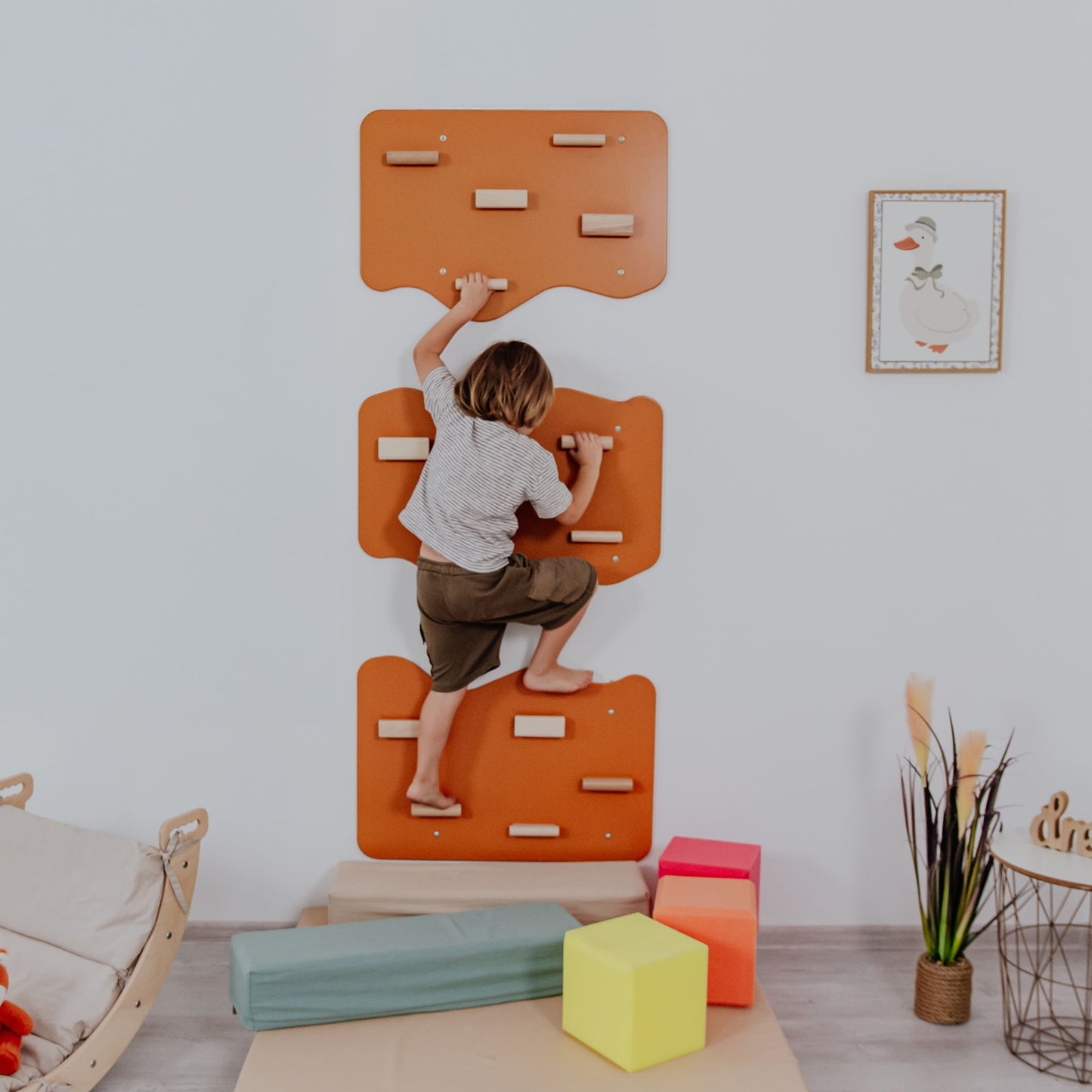 Indoor Rock Wall with Cloud-Shaped Panels & Wooden Climbing Holds for Kids 3-10
