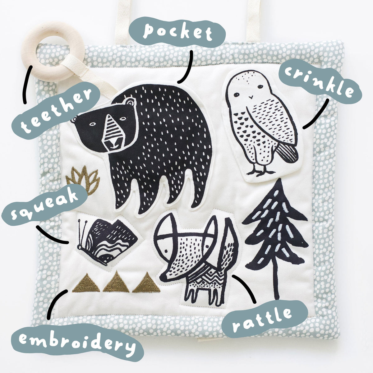 Wee Gallery Organic Cotton Baby Activity Pad – Woodland (Crinkle, Rattle & Maple Teether)