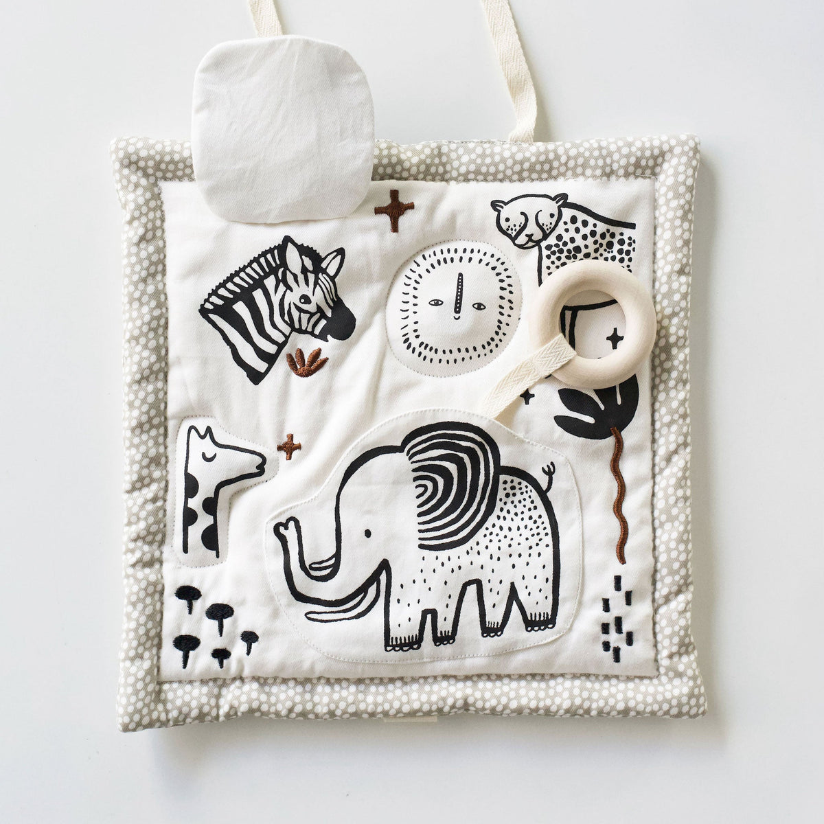 Wee Gallery Organic Cotton Baby Activity Pad – Safari (Crinkle, Rattle & Maple Teether)