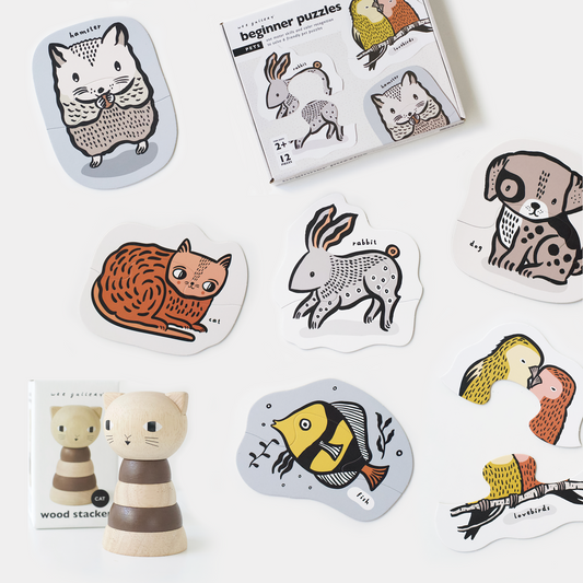 pets themed beginner toddler puzzle and wooden stacking toy by wee gallery