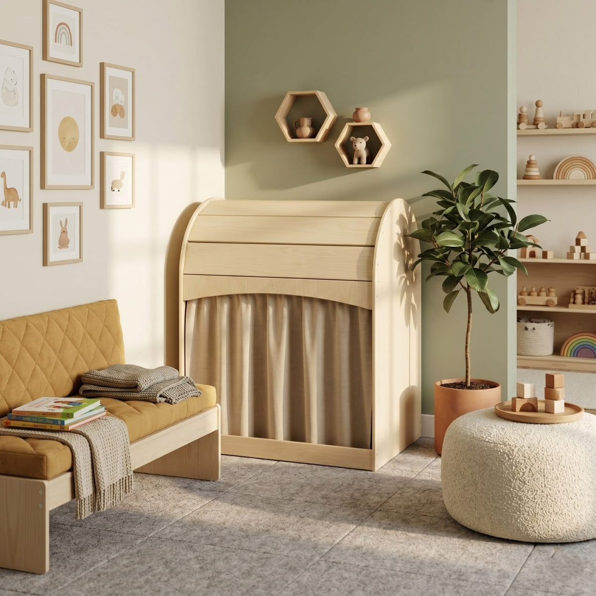 Avenlur Nambar Wooden Montessori Reading Nook – Cozy Kids' Play Hideaway with Curtain & Cushion