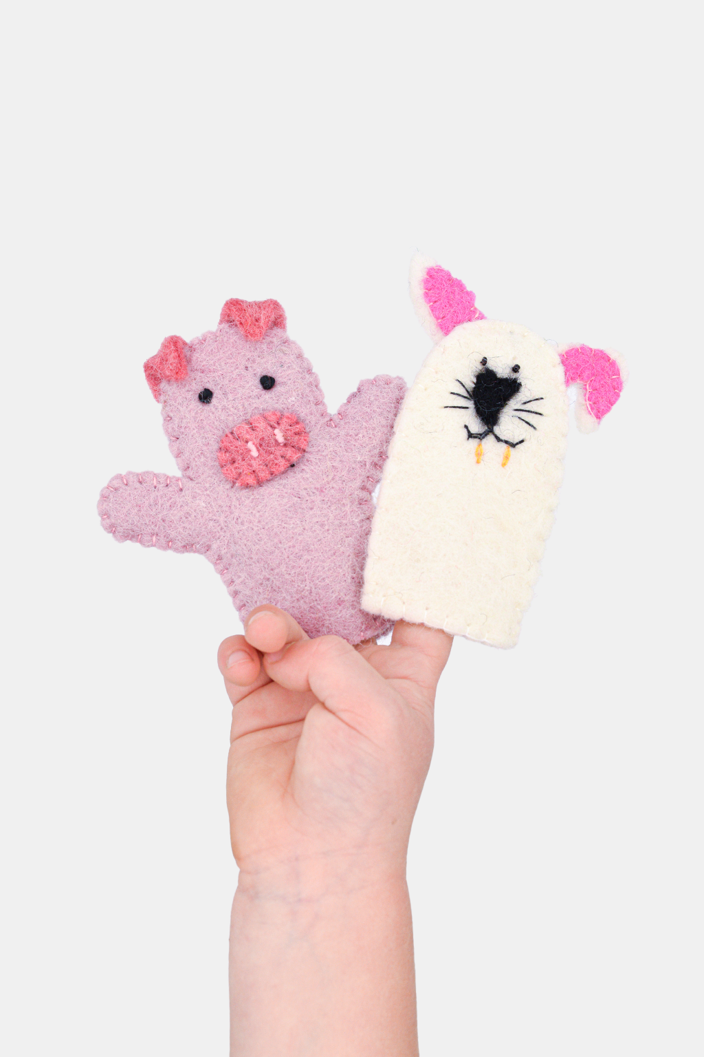 Pig & Bunny Finger Puppet Set – Handmade Wool Felt Pretend Play Toy