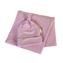 Load image into Gallery viewer, Baby in Merino Swaddle Blanket with Knotted Beanie Hat - GOTS Certified Set
