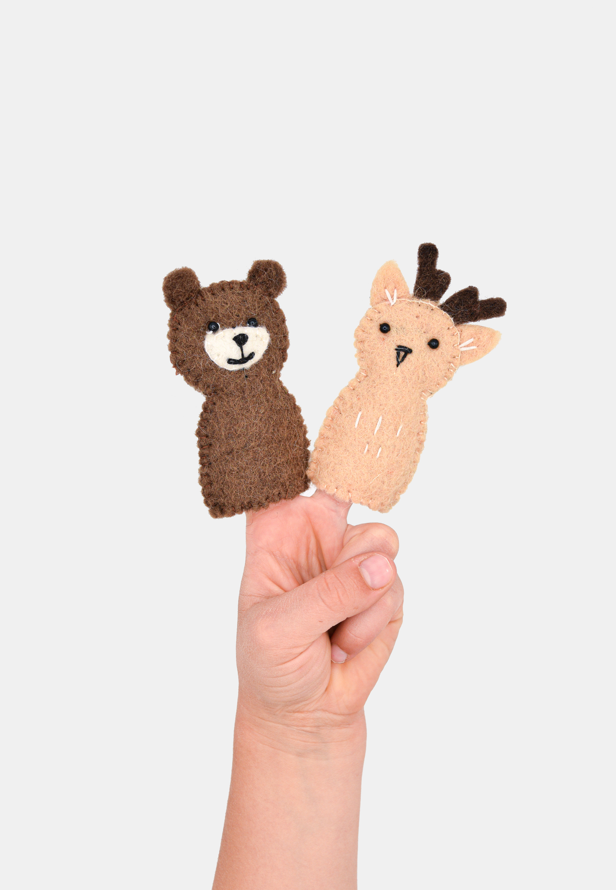 Reindeer & Bear Finger Puppet Set – Handmade Wool Felt Pretend Play Toy