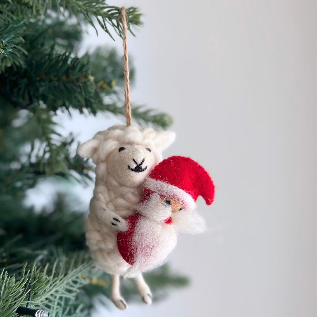 Santa's Little Helper Sheep Ornament – Handmade Wool Felt Holiday Decor