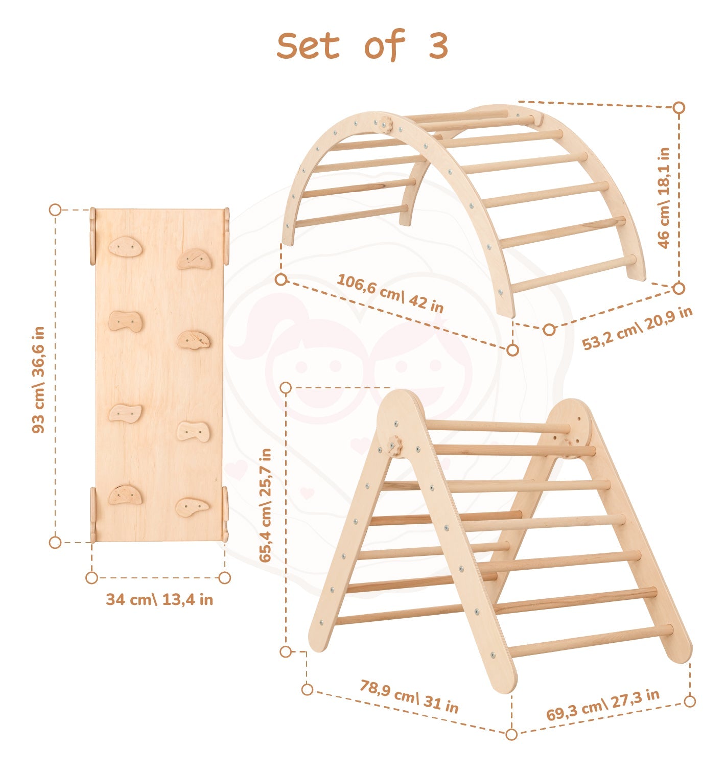 Wood and Hearts Eco-Friendly Wooden Montessori Foldable Pikler Triangle and Arch Climber Set
