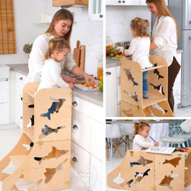 Wood and Hearts Eco-Friendly Wooden Convertible Kids' Kitchen Tower Step Stool Table and Chair
