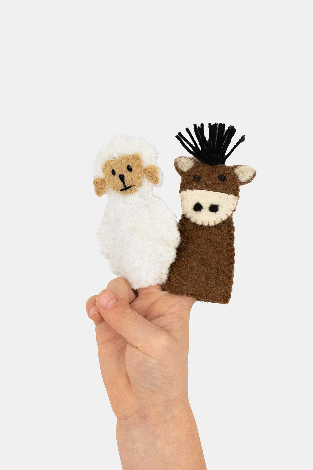 Sheep & Donkey Finger Puppet Set – Handmade Wool Felt Pretend Play Toy