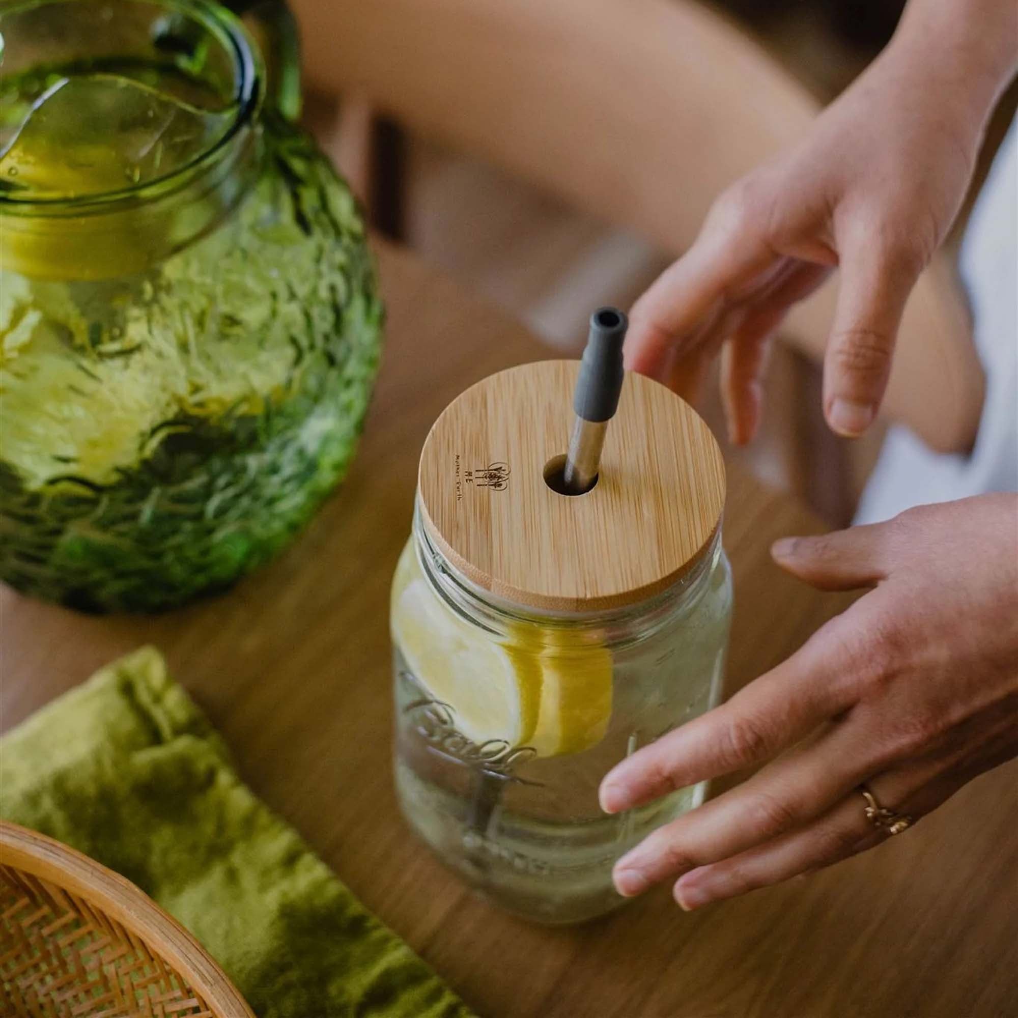 Bamboo Mason Jar Lids with Straw Hole - Thumbnail 2